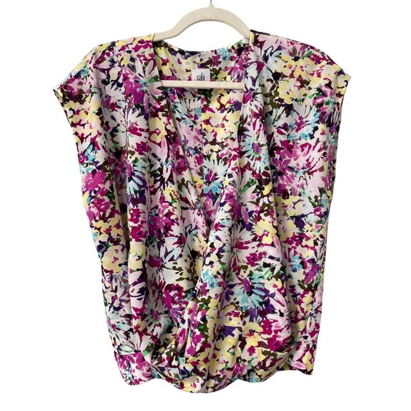 Cabi Eden Blouse Size Medium Floral Faux Wrap VNeck Watercolor Purple Multi Boho - Picture 2 of 8